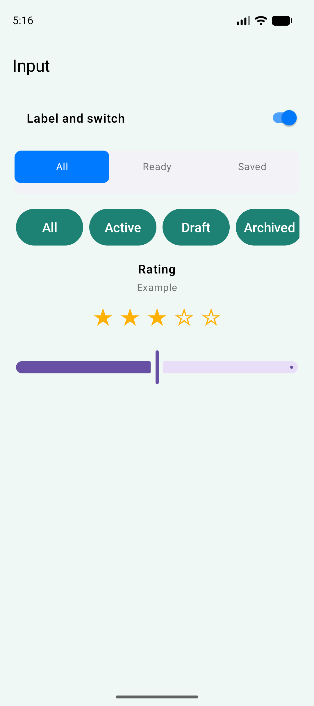 Switch, segmented control, chips, rating, and slider rows rendered with Jetpack Compose