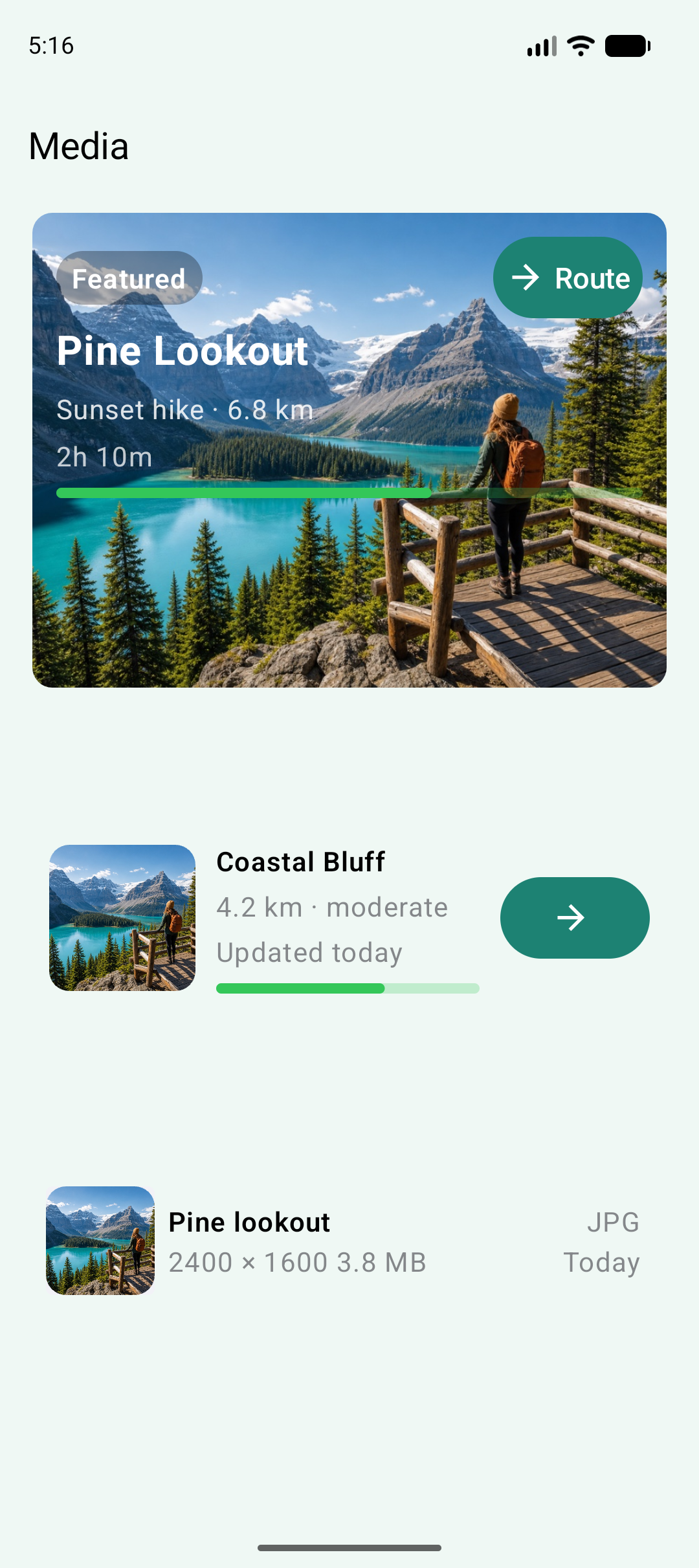 Media hero, media card, and image metadata rows rendered with Jetpack Compose
